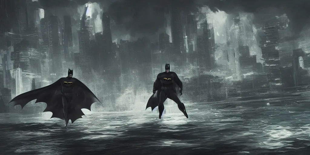 Image similar to Batman going for a swim, hyperdetailed, artstation, cgsociety, 8k