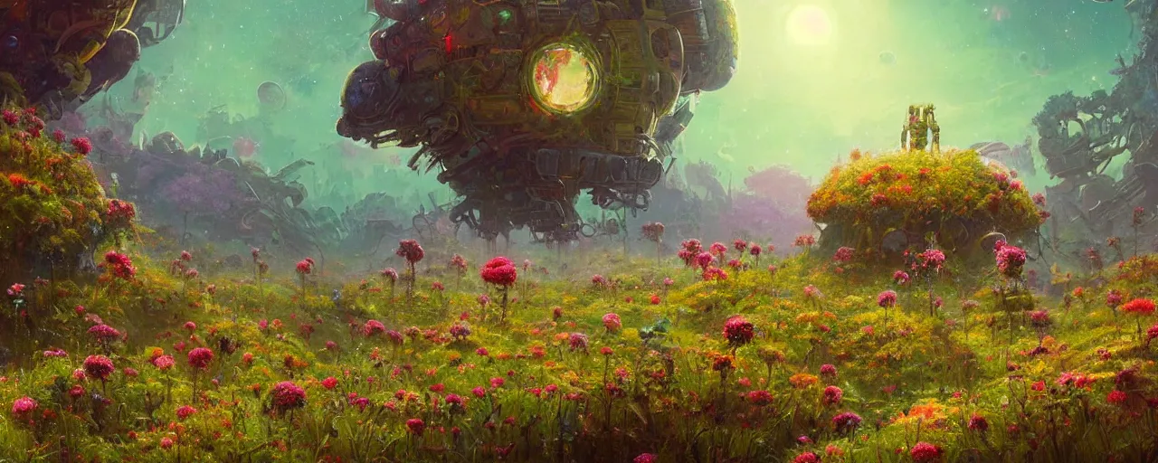 Image similar to ” outer planet overgrown with wild flowers, [ art by paul lehr, cinematic, detailed, epic, widescreen, opening, establishing, mattepainting, photorealistic, realistic textures, octane render ] ”