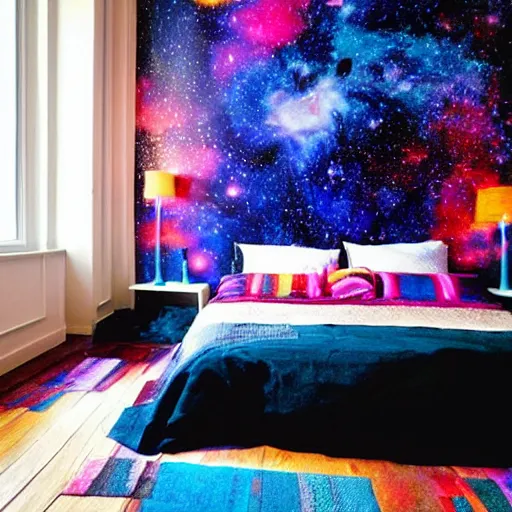 Prompt: Liminal space in outer space!!!!!, bed cover in a room with colorful walls