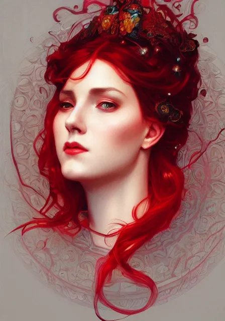 Image similar to portrait of red queen, intricate, elegant, highly detailed, digital painting, artstation, concept art, smooth, sharp focus, illustration, art by artgerm and greg rutkowski and alphonse mucha and william - adolphe bouguereau