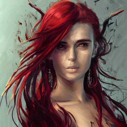 Image similar to beautiful female mage with red hair, keira knightley, black clothing, dark feathered wings, intricate, highly detailed face, trending on artstation, dramatic lighting, hyperrealistic, fantasy, portrait, highly detailed, headshot, digital painting, trending on artstation, concept art, sharp focus, illustration