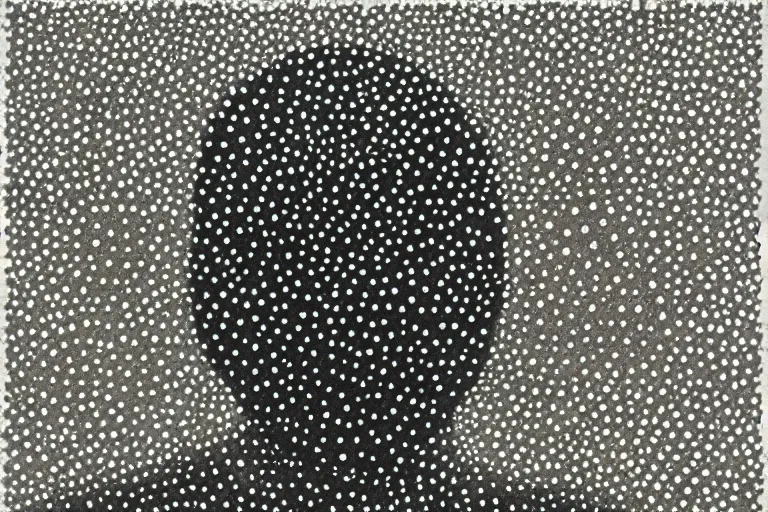 Image similar to face made out of mist, faceless people dark, dots, drip, stipple, pointillism, technical, abstract, minimal, style of francis bacon, asymmetry, pulled apart, cloak, hooded figure, made of dots, abstract, balaclava