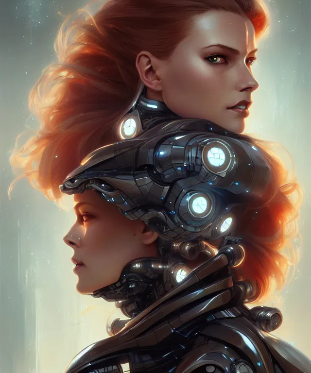 Image similar to futuristic woman Cyborg portrait, sci-fi, amber eyes, face, long hair, fantasy, intricate, elegant, highly detailed, digital painting, artstation, concept art, smooth, sharp focus, illustration, art by artgerm and greg rutkowski and alphonse mucha