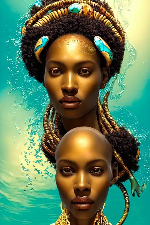 Image similar to hyperrealistic wide shot of very expressive! translucent!! african goddess, cinematic underwater scene with fish and algae, gold jewerly, highly detailed face, digital art masterpiece, eric zener cam de leon, dramatic pearlescent turquoise light on one side, low angle uhd 8 k, shallow depth of field