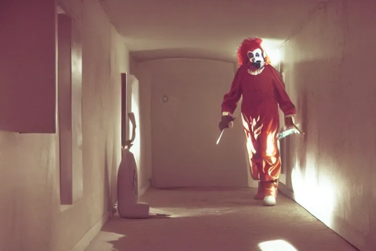 Image similar to cute clown cosplayer holding knife in porcelain hallway, in 2 0 5 5, y 2 k cybercore, low - light photography, bathed in the glow of a crt monitor, still from a ridley scott movie