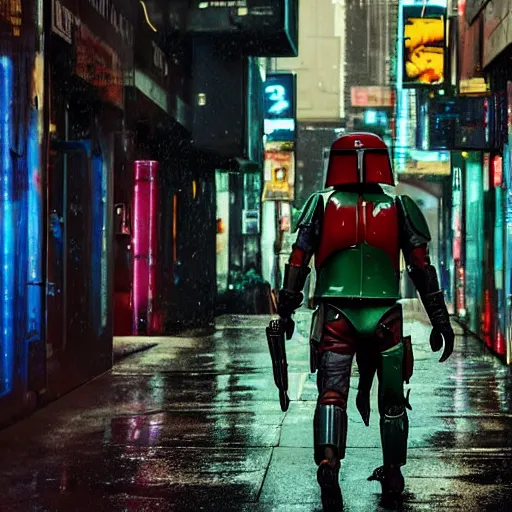 Image similar to cyberpunk style boba fett walking down a rainy alleyway in a futuristic city with a group of bounty hunters