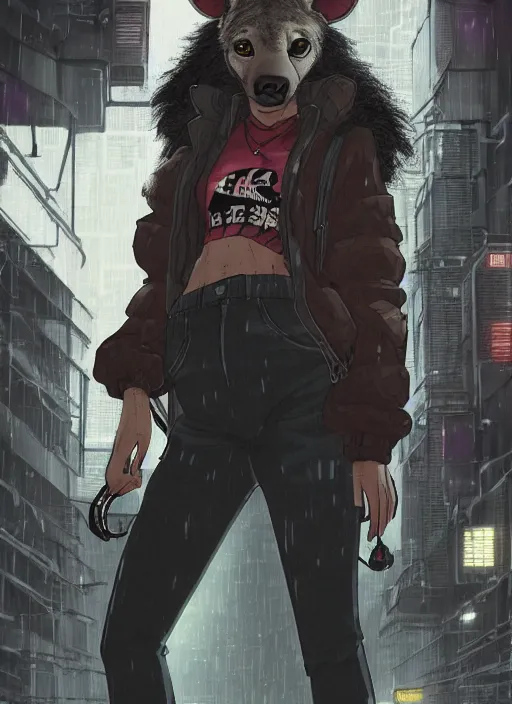 Image similar to character portrait of a female anthro hyena fursona with a cute beautiful attractive furry face and long black curly hair wearing a police bomber jacket in a cyberpunk city at night while it rains. hidari, color page, tankoban, 4K, tone mapping, Akihiko Yoshida.