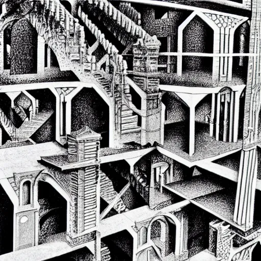 Prompt: a photocopy of a lost mc escher lithograph, extreme detailed