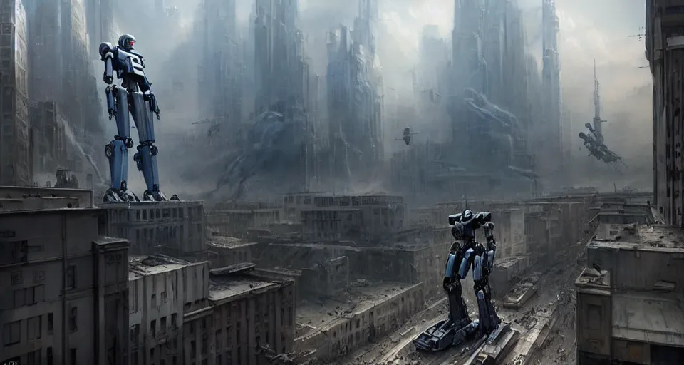 Prompt: hyper realistic sci - fi matte concept art painting of mecha standing on top of a building overlooking war in the streets, beautiful details, strong composition painted by kim jung guweta studio rutkowski, james gurney and greg rutkowski, and lucasfilm, smooth, intricate, detailed, sharp focus, cinematic