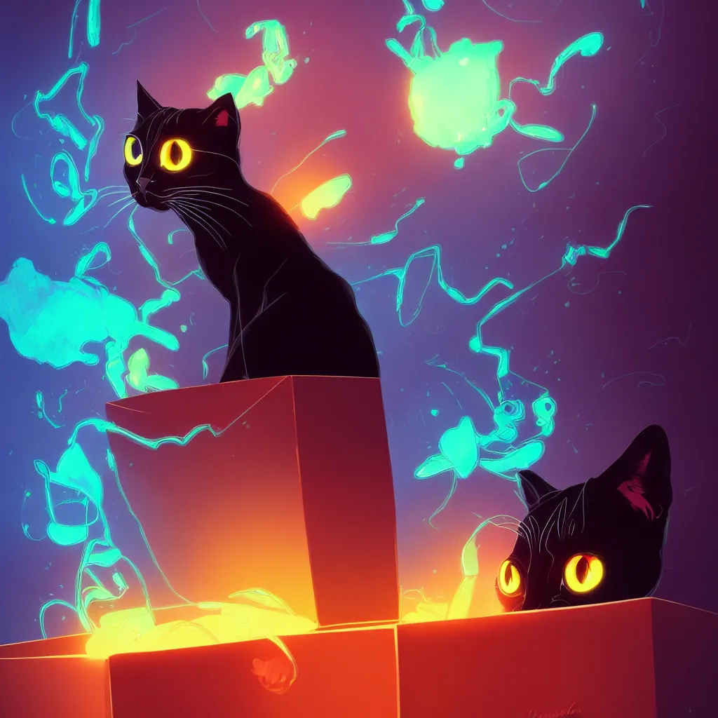 Prompt: concept art schrodinger's cat inside a box, black cat with glowing eyes, abvstract background of glowing waves, beautifully backlit, swirly vibrant color lines, muted and dull colors, aesthetic octane render, 4 k 8 k hd resolution, by ilya kuvshinov and cushart krentz and gilleard james