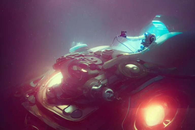 Prompt: futuristic astronaut underwater in the ocean at night, volumetric lighting, glowing lights, 4k, octane, digital painting, artstation, concept art, sharp focus, illustration, art by artgerm and greg rutkowski and alphonse mucha