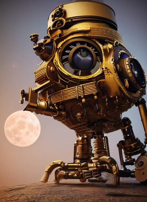 Prompt: tiny steampunk robot lunar probe, intricate detail, hyper detailed, ultra realistic, sharp focus, octane render, lantern, volumetric, ray tracing, artstation trending, moon, flowery, pocketwatch, cgsociety, sense of awe, mystical, moon, 4 k