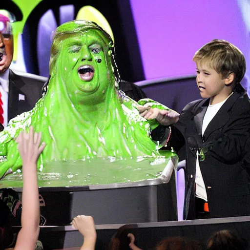 Image similar to trump getting slimed at the kids choice award, 2 0 0 8, crt television