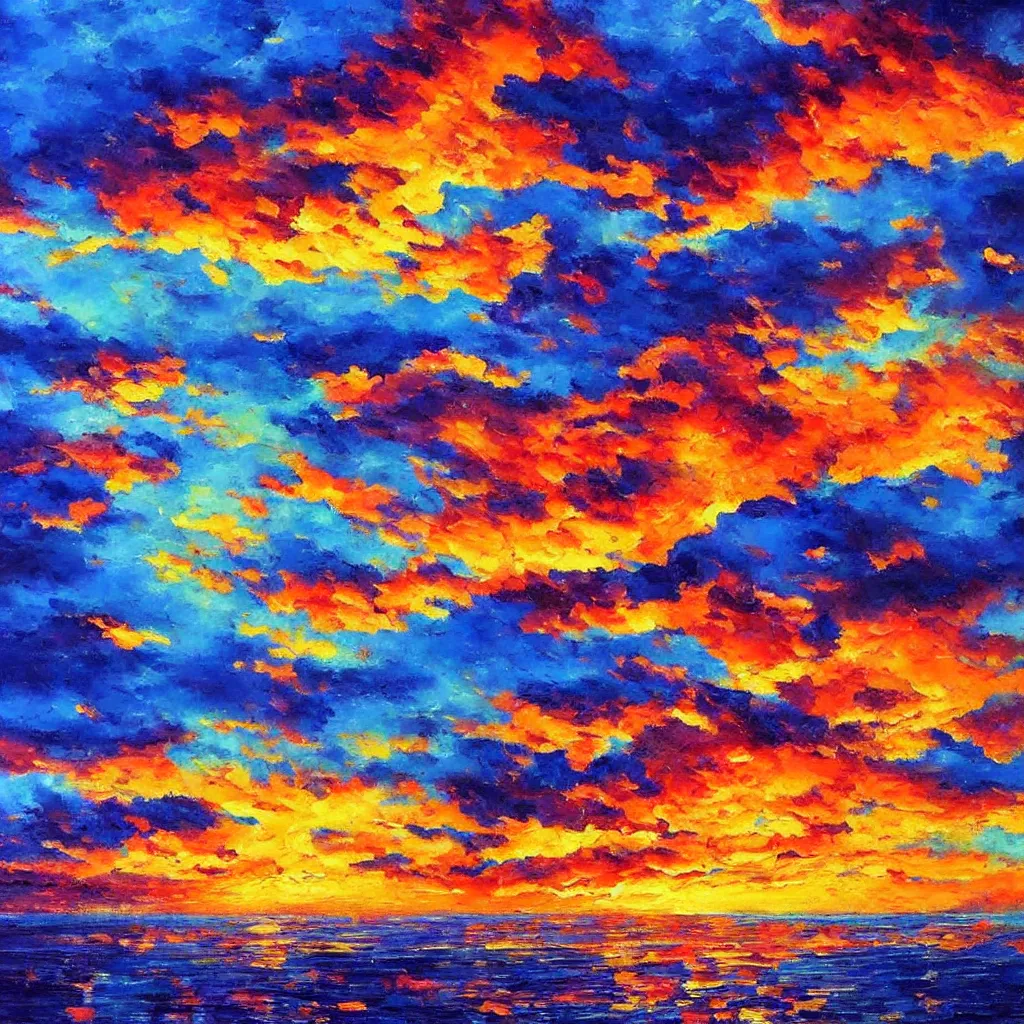 Image similar to an impasto oil painting of a stunning, colorful sunset painted by ken hong leung