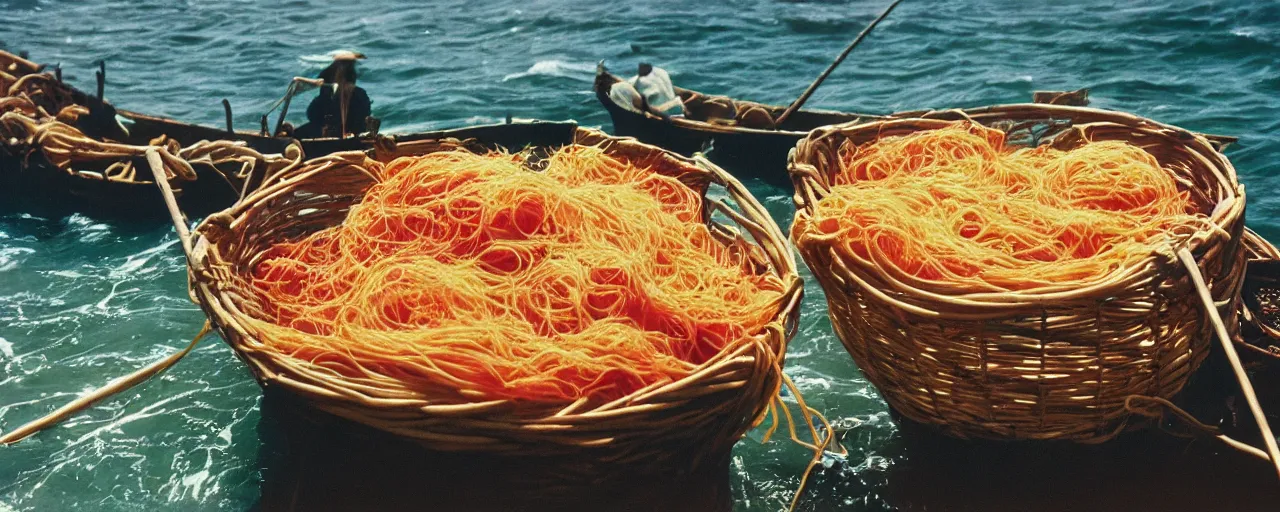 Image similar to 1 7 th century ocean trade of, spaghetti in baskets, canon 5 0 mm, kodachrome, in the style of wes anderson, retro