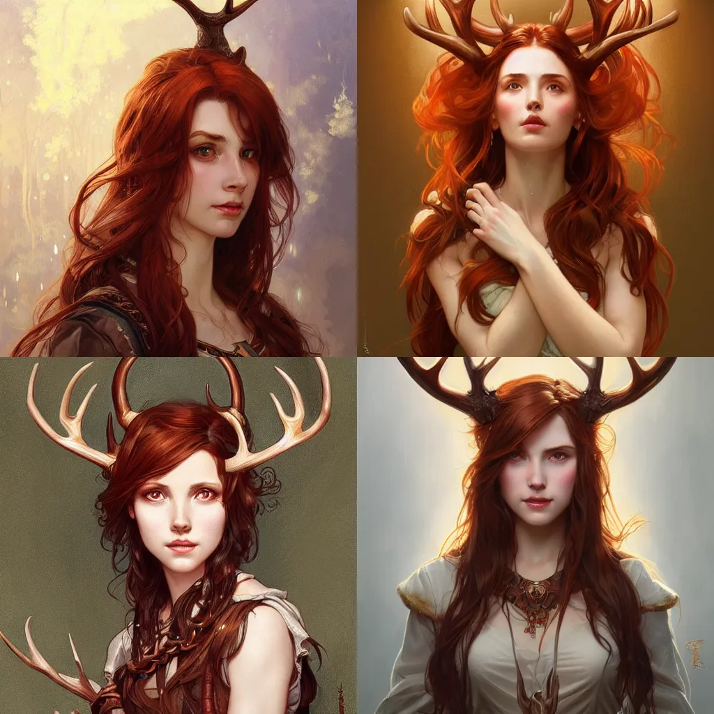 Prompt: portrait of a young woman with red brown hair and antlers d & d fantasy intricate big beautiful eyes cinematic lighting highly detailed digital painting artstation concept art smooth sharp focus illustration art by artgerm and greg rutkowski and alphonse mucha