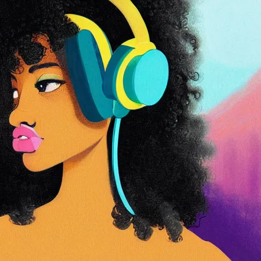 Prompt: lo-fi colorful masterpiece painting, black girl, curly hair, with headphones, studyng in bedroom, window with rio de janeiro view, lo-fi illustration style, by WLOP, by loish, by apofis, alive colors