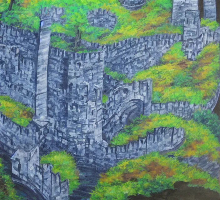 Prompt: a ravine with a fortress. in a conceptual art style. using acrylic paint.