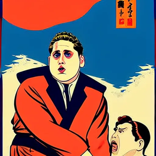 Image similar to how will we capture famous actor jonah hill? he is is causing trouble in this region. How do we stop him? NO JONAH HILLS ALLOWED. JONAH HILL is the subject of this ukiyo-e hellfire eternal damnation catholic strict propaganda poster rules religious. WE RULE WITH AN IRON FIST. mussolini. Dictatorship. Fear. 1940s propaganda poster. ANTI JONAH HILL. 🚫 🚫 JONAH HILL. POPE. art by joe mugnaini. art by dmitry moor. Art by Alfred Leete.