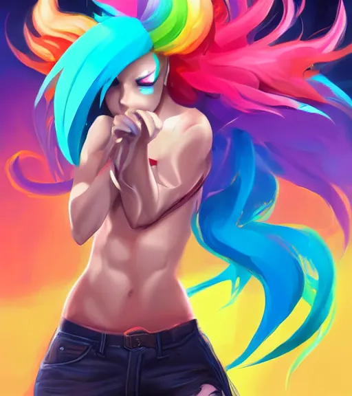 Image similar to ! dream humanized rainbow dash rocking out, art by stanley lau, artgerm, rossdraws, ross tran, sakimichan, cyarine, beautiful art