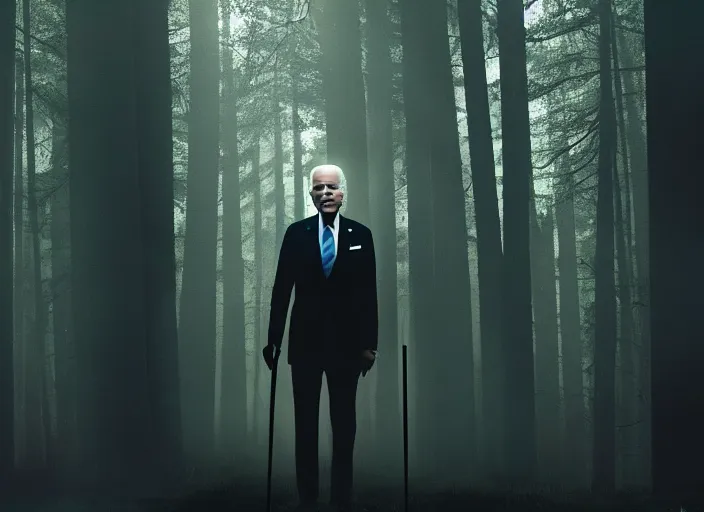 Image similar to joe biden as slenderman in forest, creepy joe biden, tall trees, night, creepy, horror, movie still, dark, haunted, cinematic lighting, ray tracing, octane render, long lens, shallow depth of field, bokeh, anamorphic lens flare, 8 k, hyper detailed, 3 5 mm film grain