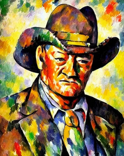 Prompt: abstracted John Wayne painted in extremely thick, muted impasto splatter paint, in muted colors, in impressionist style of Paul Cézanne