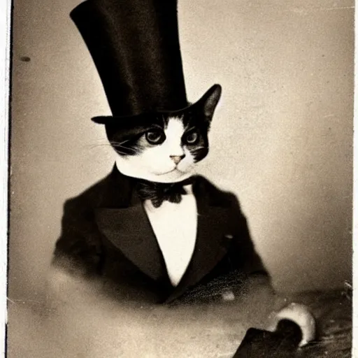 Prompt: a classy cat with a top hat and a monocle!!!!!!!, 1 8 9 0 vintage photo