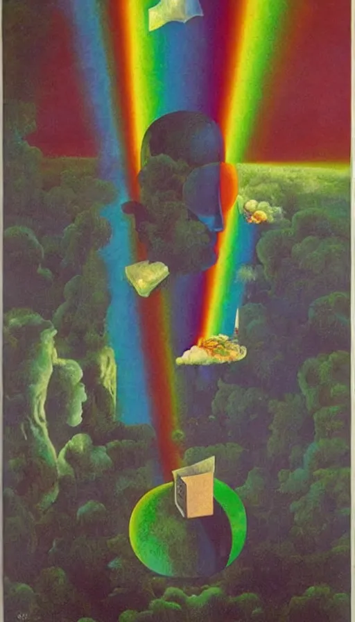 Image similar to mysterious paranoia, maddening knowledge, forbidden information, strange weirdness, rainbow 3 d colors, venetian victorian atmosphere by rene magritte and salvadore dali