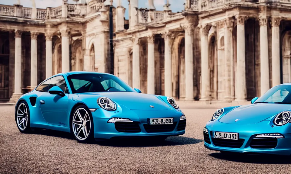 Image similar to closeup photo of a porsche 911 standing in a beautiful palace, dof, chromatic aberration