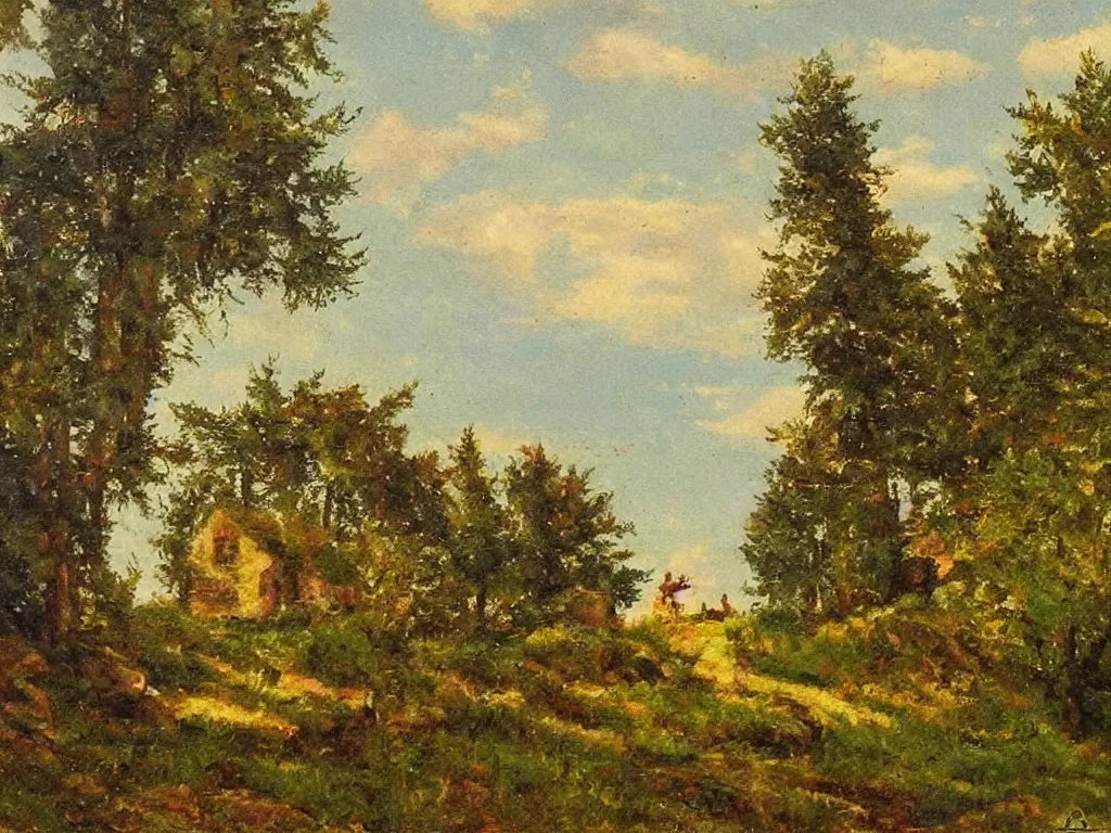 Image similar to scene with character in a landscape. painting by albin brunovsky