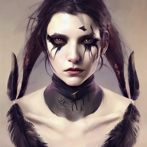 Image similar to hyper realistic portrait painting, beautifully rendered, gorgeous young witch with ceremonial markings and black feathers painted by greg rutkowski, wlop, artgerm, dishonored 2