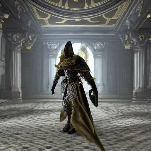 Prompt: A Dark Souls character arriving at a fancy party, ornate ballroom, tuxedo