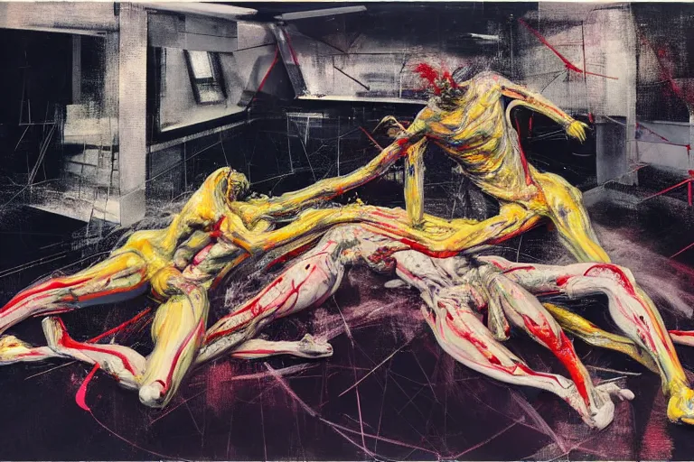 Prompt: bodies entwined in a fight with the physical impossibility of death, inside a brutalist space ship, extremely intricate and detailed, by painted by!!! francis bacon!!!, adrian ghenie, james jean, part by ( ( ( gerhard richter ) ) ), part by ( ( ( petra cortright ) ) ). 8 k masterpiece