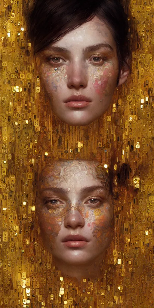 Image similar to an intricate portrait painting of an artistic pose young beautiful lady covered in klimt golden motives and textures, hyper - detailed, octane render, vivid colors, artstation, by jeremy mann, by gustav klimt