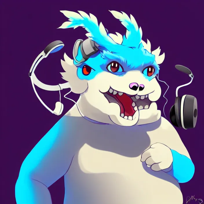 Image similar to a chubby anthropomorphic male blue dragon fursona, headphones on his head, cute, furry, oil on canvas, soft lighting