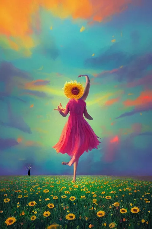 Image similar to giant daisy flower as head, girl dancing in a flower field, surreal photography, sunrise, dramatic light, impressionist painting, colorful clouds, digital painting, artstation, simon stalenhag