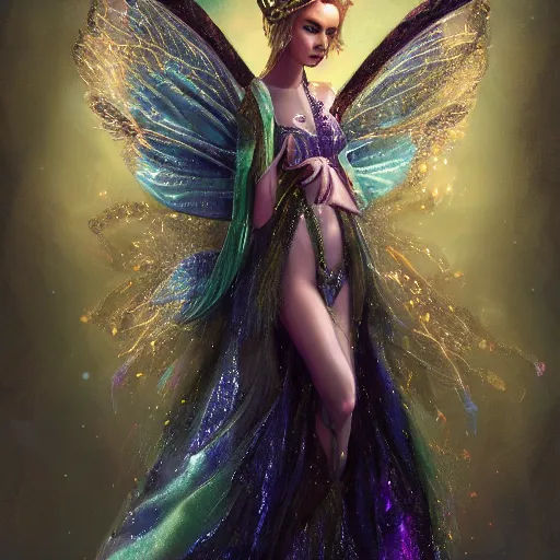 Prompt: detailed portrait of a fairy queen with wings wearing a silk robe, crown, pixie, iris, realism, emerald, galaxy, sapphire, blonde hair going down to touch the floor, moonlit, wearing a bejeweled mask, dark fantasy, dramatic lighting, dreamlike, cgsociety, artstation