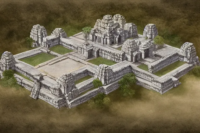 Prompt: Angkor Wat in 1253 covered in white marble and gold, surrounded by a large village, full of people, concept art, digital painting by Shaddy Safadi, highly detailed, historically accurate