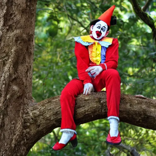 Image similar to clown sitting on a tree