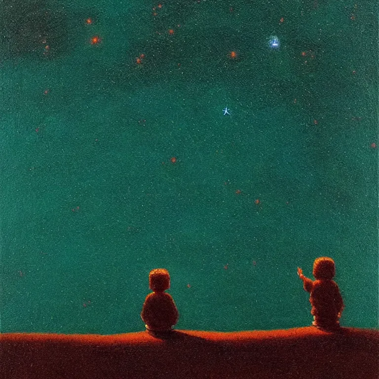 Image similar to a small figure staring at the stars, warn lighting, glowing, arkhip kuindzhi painting, teal palette, eschaton