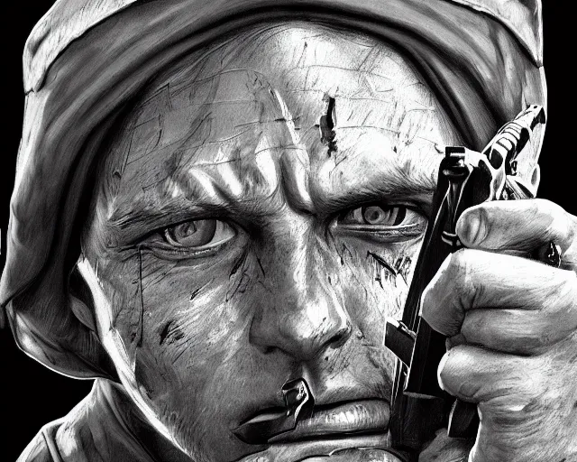 Prompt: A soldier aiming a gun, face in despair, world war 1, close-up, realistic face, beautiful face detail, mature facial features, black and white, amazing digital art, hyper detailed, artstation, in the style of Tony Sart