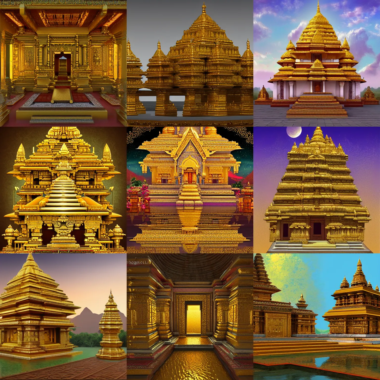 Prompt: angorak vat temple made of gold, serene environment, hindu art, concept art, digital art