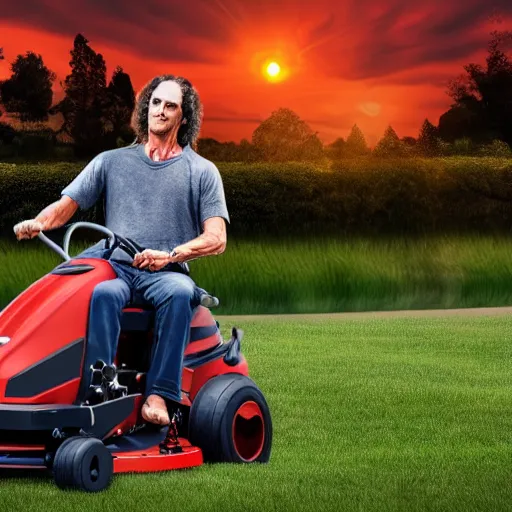 Image similar to kenny g riding a lawnmower playing the saxophone, epic, cinematic, realism, ultra detailed, 8 k