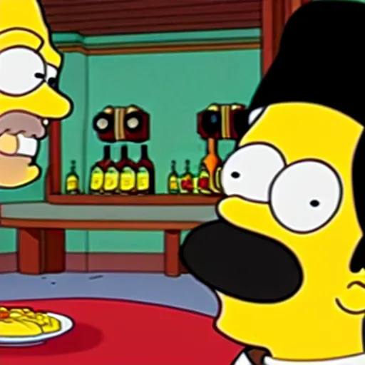 Image similar to homer simpson talking to mickey mouse in a winery, on the television show southpark, award winning