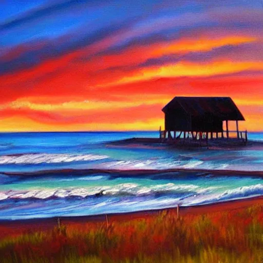 Image similar to sunset over a wooden cabin on the coast in the distance, sea, oil painting, very detailed, colorful