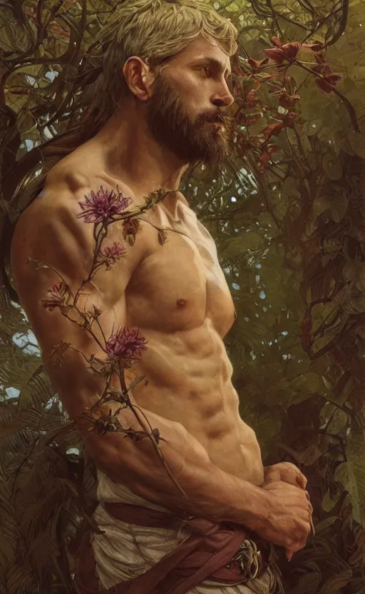 Prompt: god of the forest, 3 0 years old, rugged handsome, male, gorgeous, detailed face, clean lines, cinematic light, amazing, full body, flowers, muscular, intricate, highly detailed, digital painting, artstation, concept art, sharp focus, illustration, art by greg rutkowski and alphonse mucha