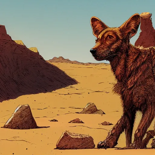 Image similar to wild hungry desert dog, standing in the atacama desert, evil looking, highly detailed, ron cobb, moebius, mike mignola, trending on art station, illustration, comic book