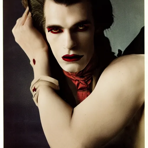 Prompt: head and shoulders vogue fashion photo portrait of a male vampire, d & d, fantasy, annie liebovitz
