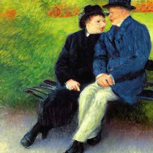 Prompt: a couple sitting on a park bench, impressionism