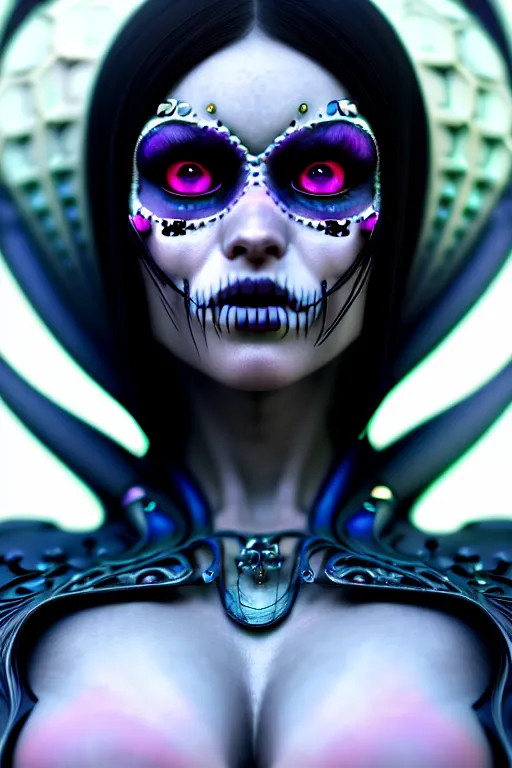 Image similar to ultra detailed, ethereal closeup photo of female android, gothic, flowerpunk, fantasy, octane render, unreal engine, dia de los muertos, photorealistic concept art, triadic color, art by artgerm and wlop and giger and greg rutkowski and alphonse mucha, 8 k